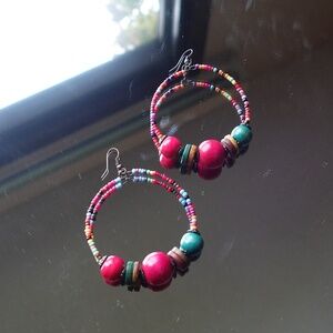 Tribal Wooden Bead Colourful Hoop Earring